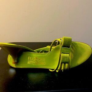 Salvatore Ferragamo Chartreuse Satin Bow Slide Heel